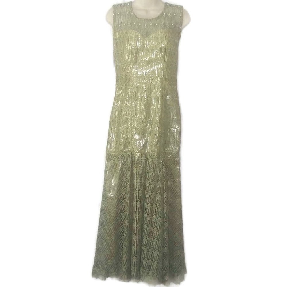 Custom Green Floral Crochet Over Gold Pearl Embellished Mermaid Hem Maxi Dress